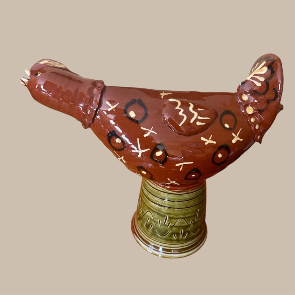 SJ Pottery Redware Whimsical Large Folk Art Bird 9 X 11 inches, signed